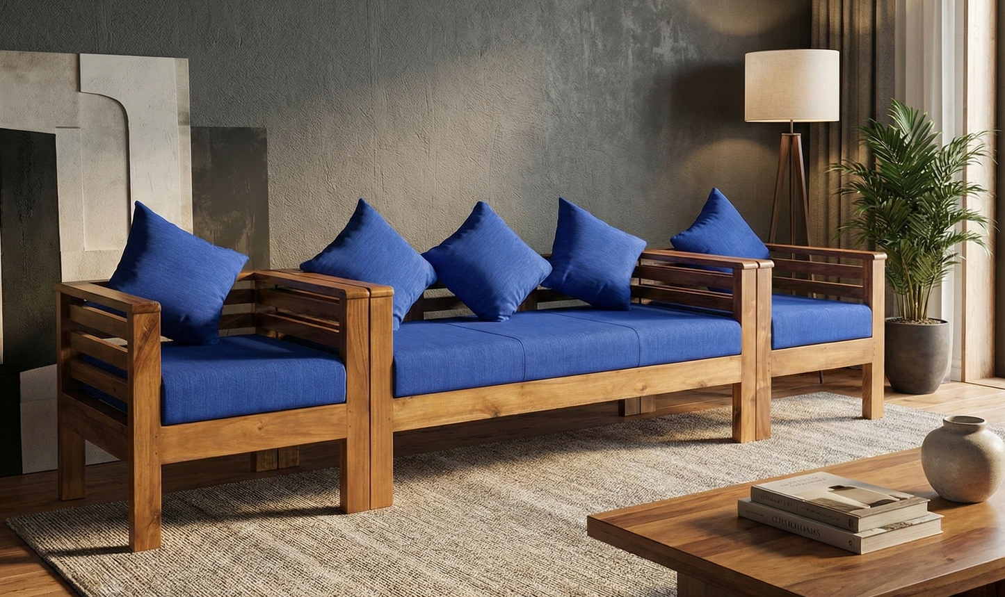 Modern Wooden Sofa Set 3+1+1 | Premium Teak Finish with Blue Cushions