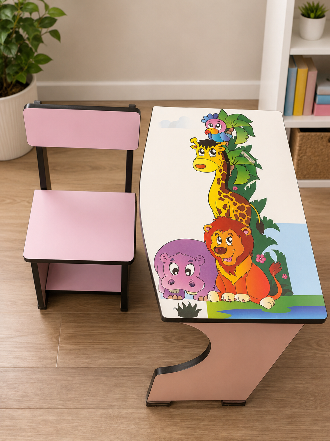 Jungle Safari Theme Wooden Kids Study Table and Chair Set (Soft Pink & Natural Wood)
