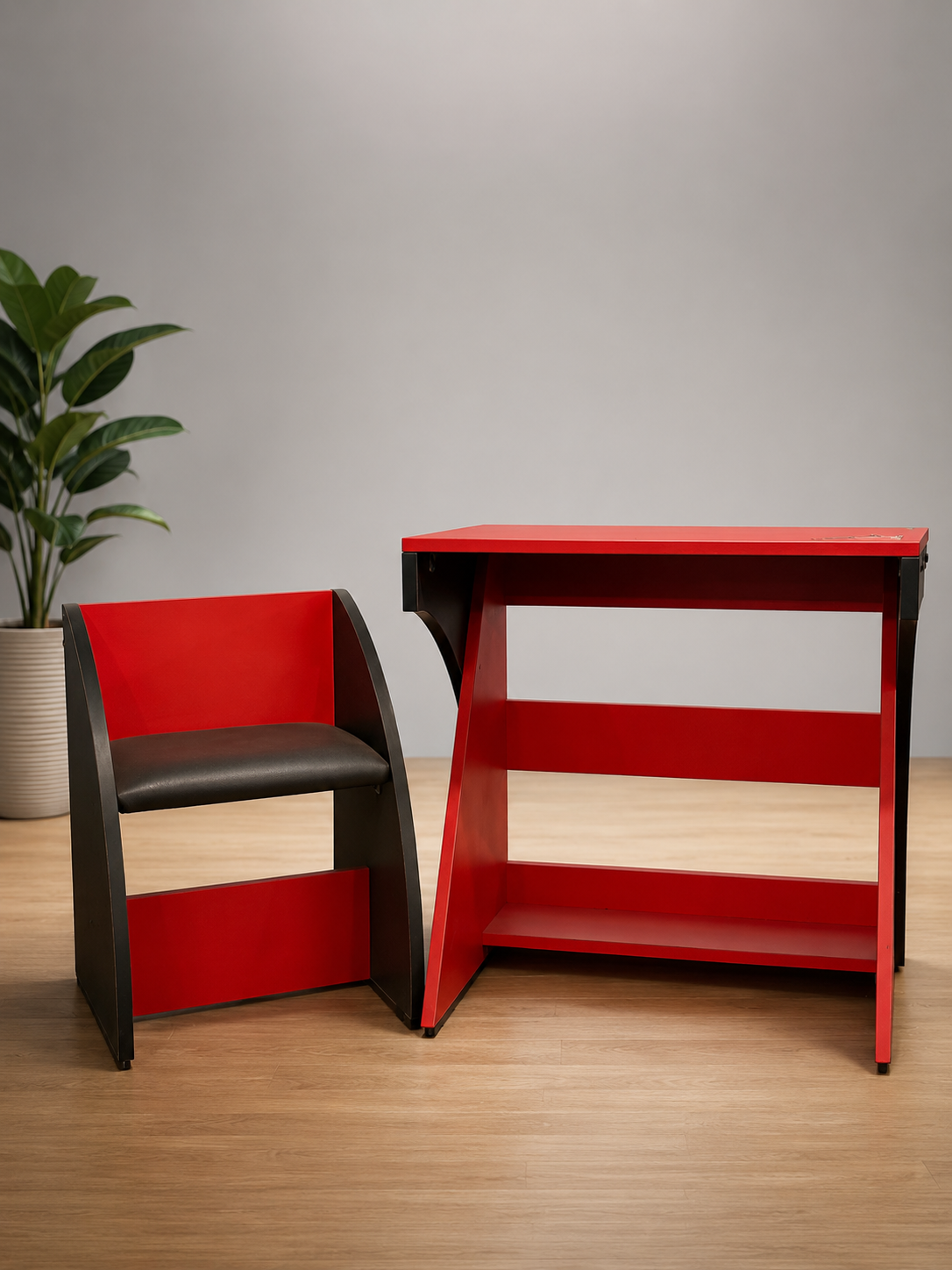 Modern Red & Black Wooden Study Table with Open Storage & Matching Chair | Office & Home Desk