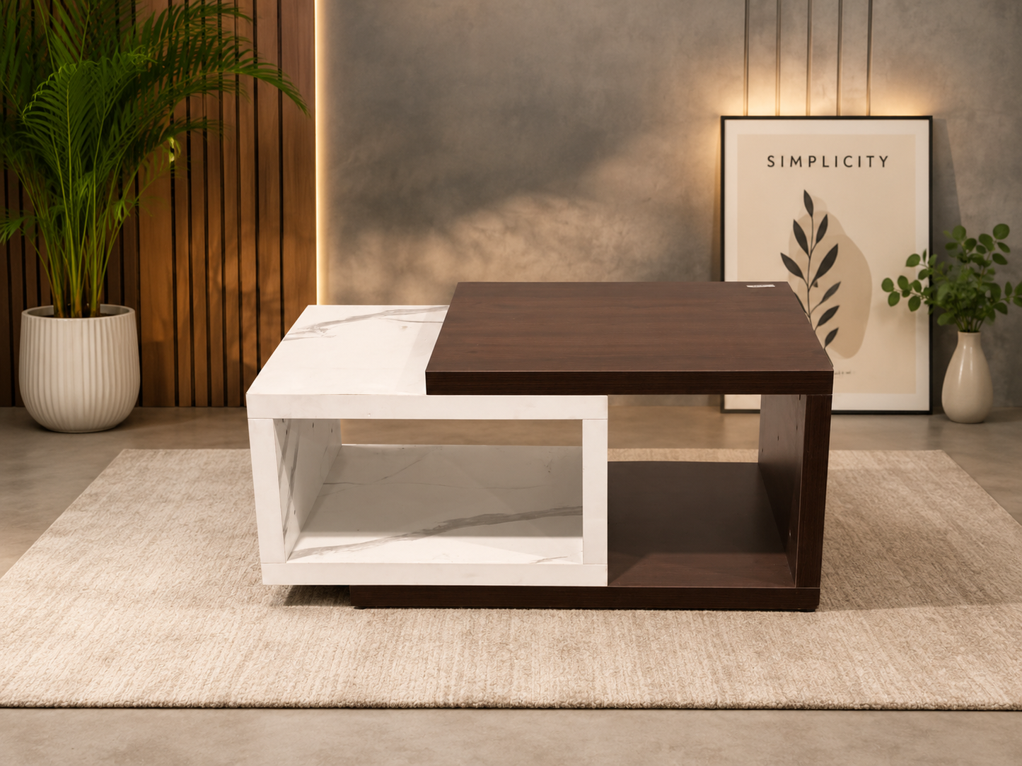 Modern Two-Tone Wooden Coffee Table with Marble Finish Storage Shelf