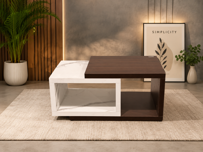 Modern Two-Tone Wooden Coffee Table with Marble Finish Storage Shelf