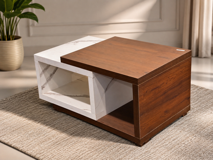 Modern Two-Tone Wooden Coffee Table with Marble Finish Storage Shelf