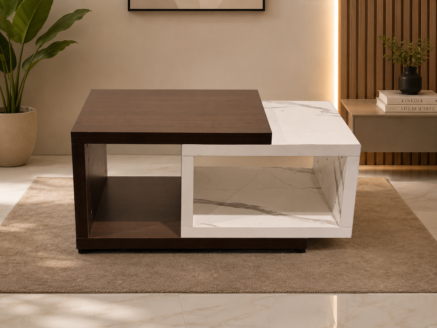 Modern Two-Tone Wooden Coffee Table with Marble Finish Storage Shelf