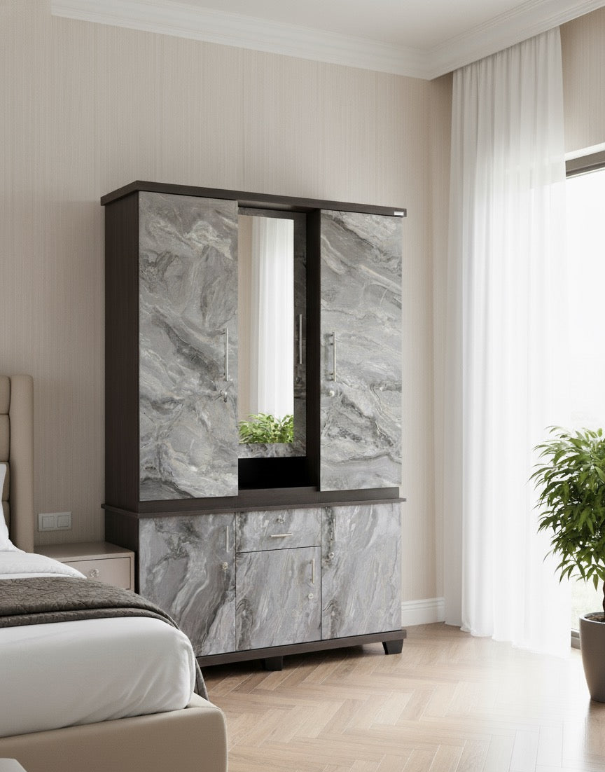 Marble-patterned cabinet in a bedroom setting with a bed and plant visible.