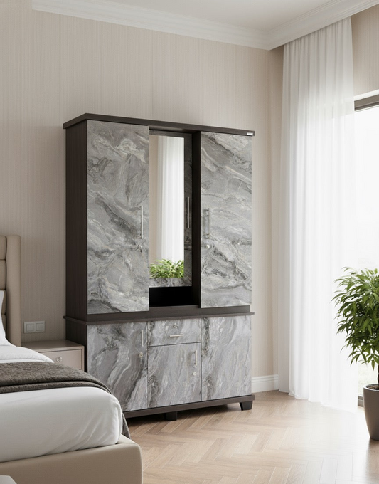 Marble-patterned cabinet in a bedroom setting with a bed and plant visible.