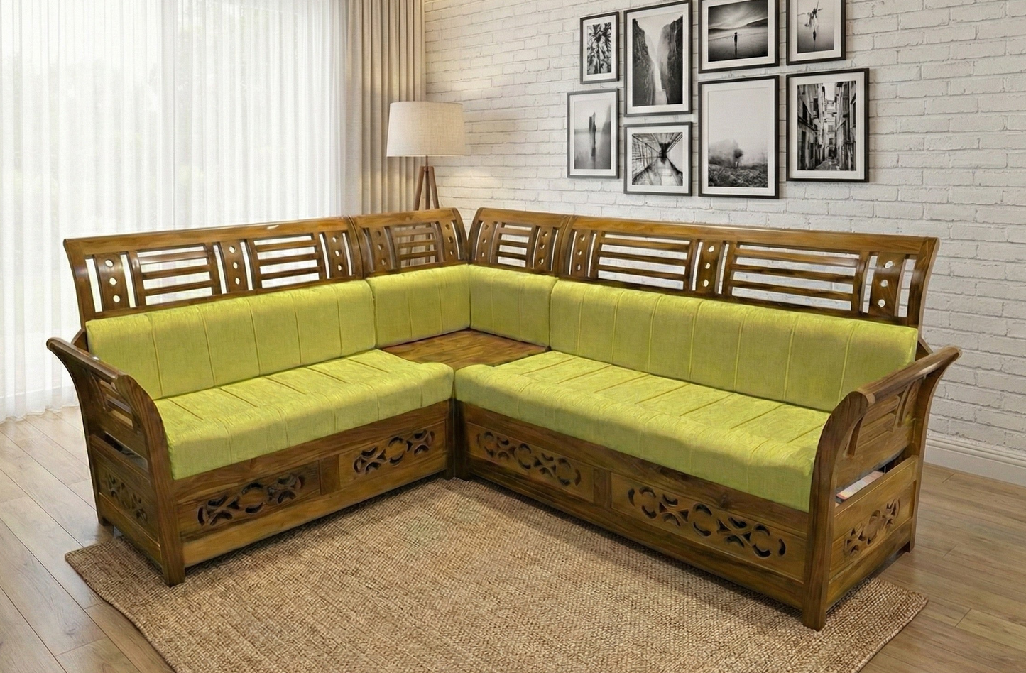 Royal Teak Wood L-Shaped Sofa | Handcrafted Traditional Carved 5-Seater