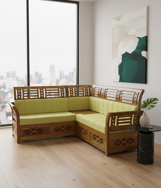 Royal Teak Wood L-Shaped Sofa | Handcrafted Traditional Carved 5-Seater