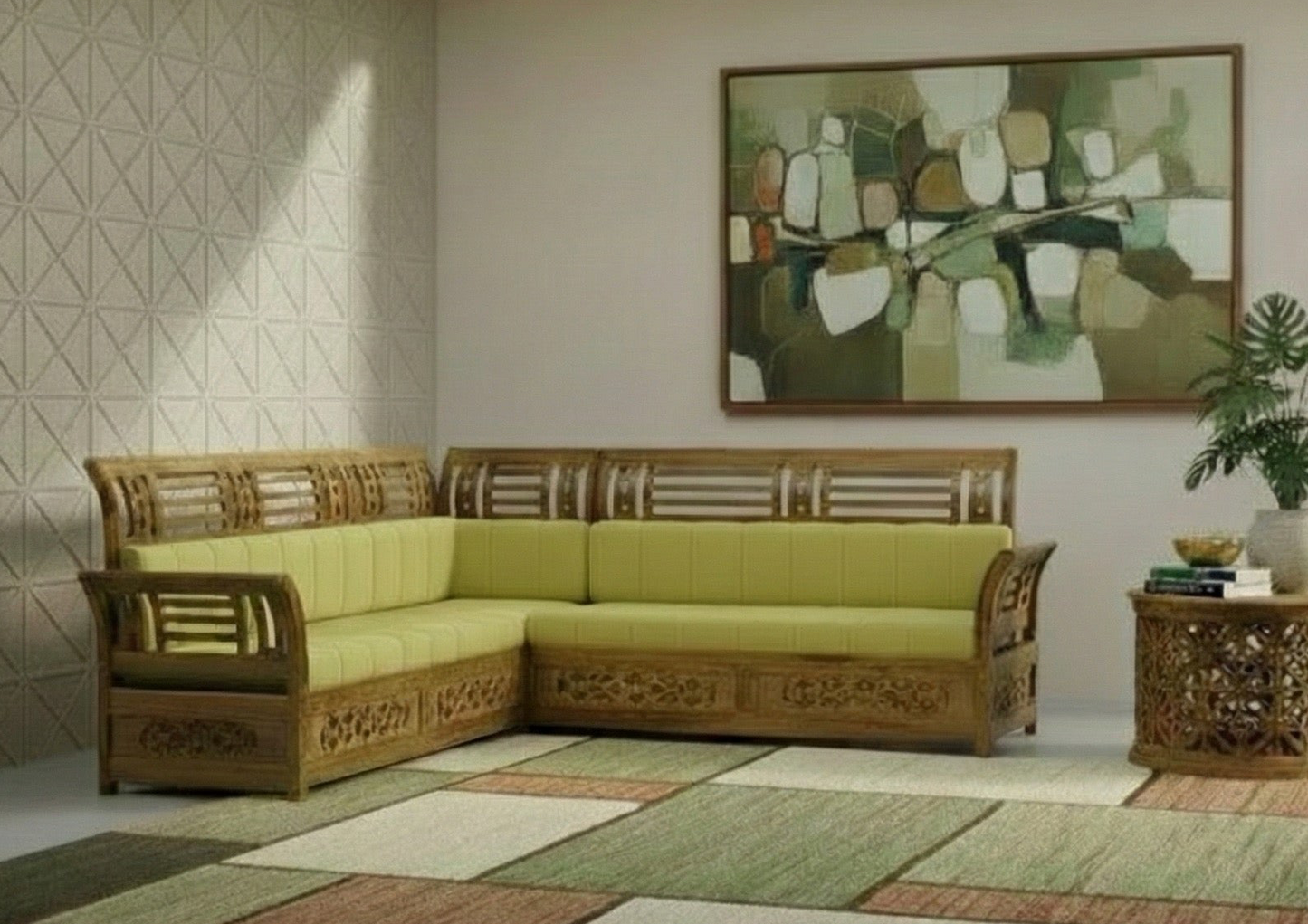 Royal Teak Wood L-Shaped Sofa | Handcrafted Traditional Carved 5-Seater