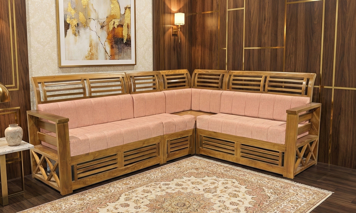 Classic Kerala Teak Wood L-Shaped Sofa | Handcrafted Traditional 5-Seater Wooden Couch