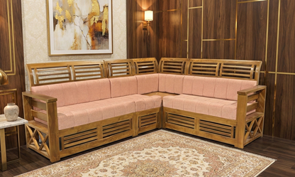 Classic Kerala Teak Wood L-Shaped Sofa | Handcrafted Traditional 5-Seater Wooden Couch
