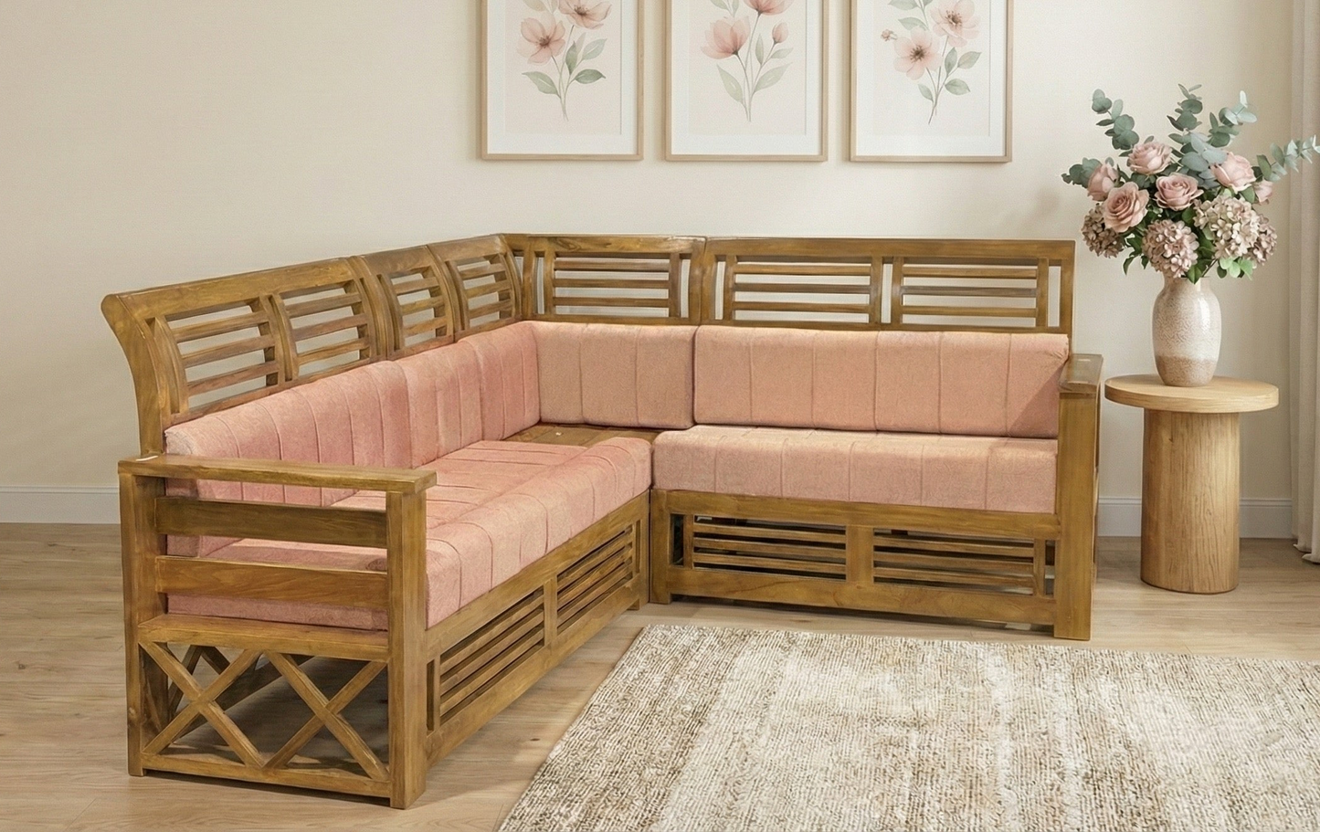 Classic Kerala Teak Wood L-Shaped Sofa | Handcrafted Traditional 5-Seater Wooden Couch