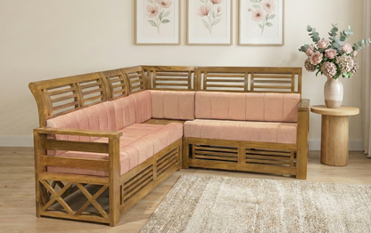 Classic Kerala Teak Wood L-Shaped Sofa | Handcrafted Traditional 5-Seater Wooden Couch