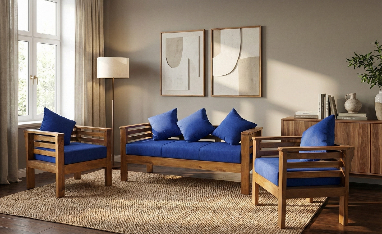 Modern Wooden Sofa Set 3+1+1 | Premium Teak Finish with Blue Cushions