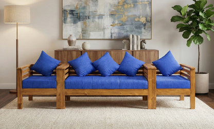 Modern Wooden Sofa Set 3+1+1 | Premium Teak Finish with Blue Cushions
