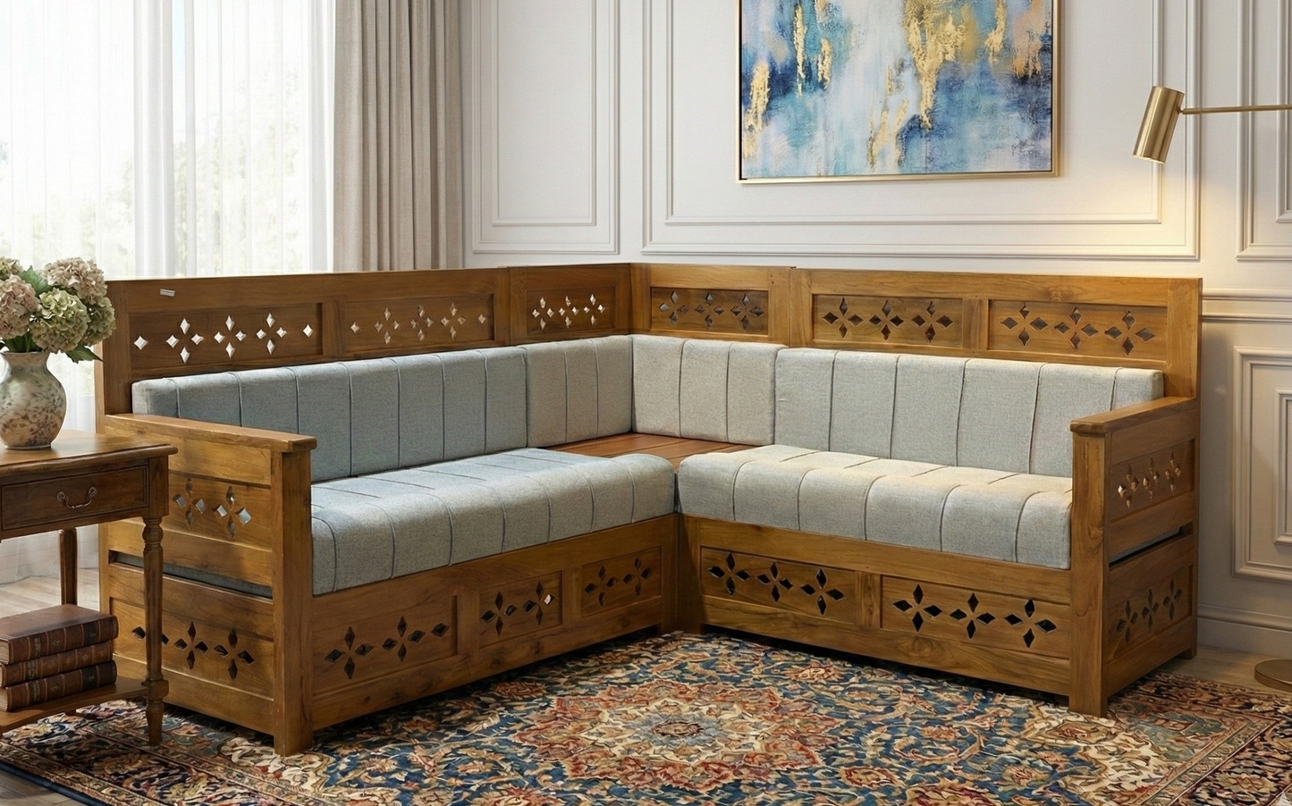 Premium Wooden L-Shaped Sofa with Cushion – Corner Seating Set