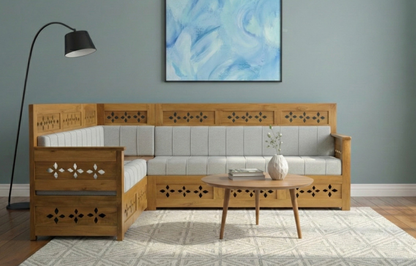 Premium Wooden L-Shaped Sofa with Cushion – Corner Seating Set