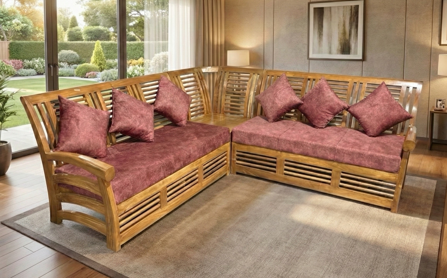 Slat-Back L-Shaped Suite with Scroll-Arm Sectional