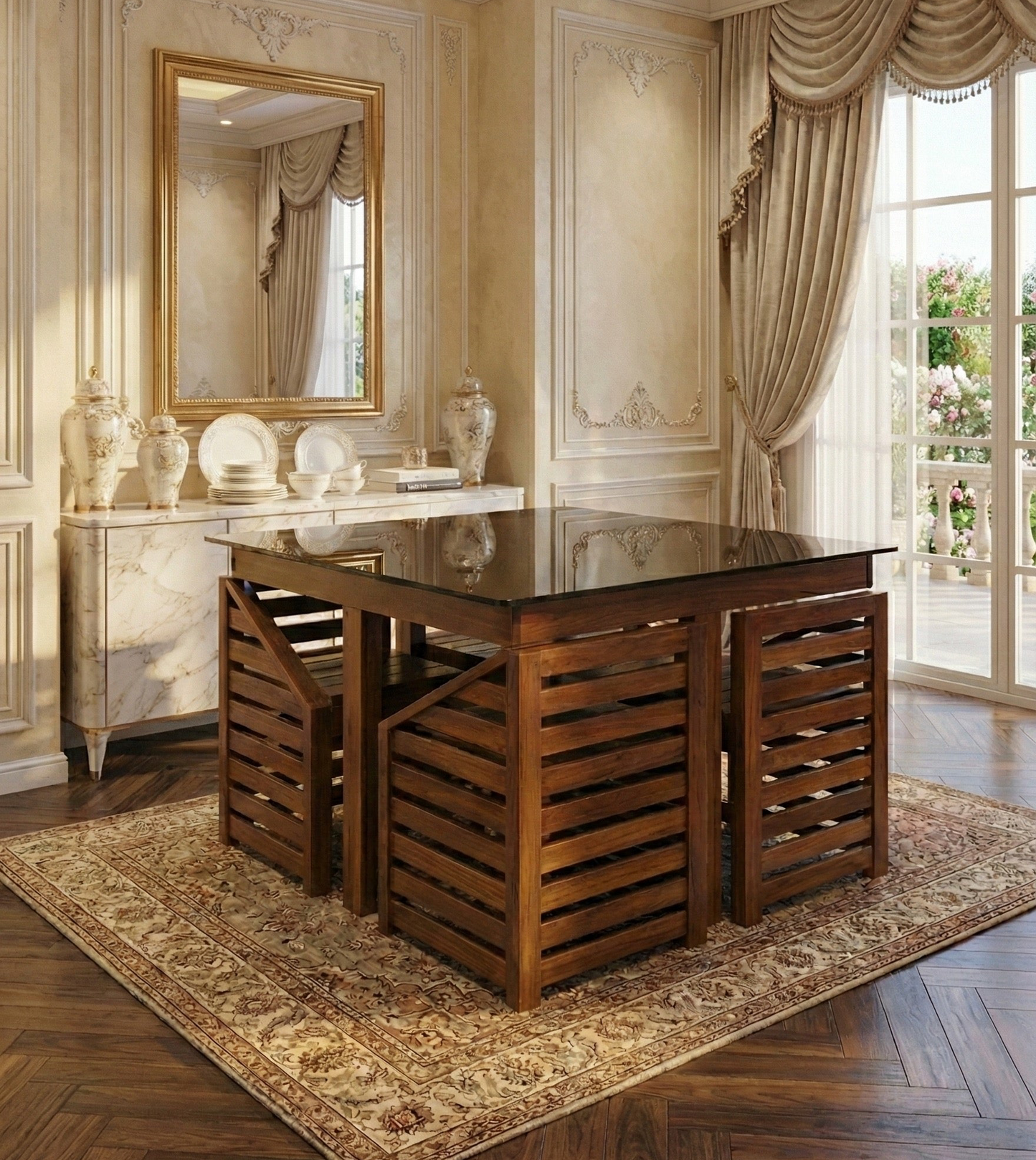 DINING TABLE KITCHEN 4 CHAIR WITH GLASS 1122