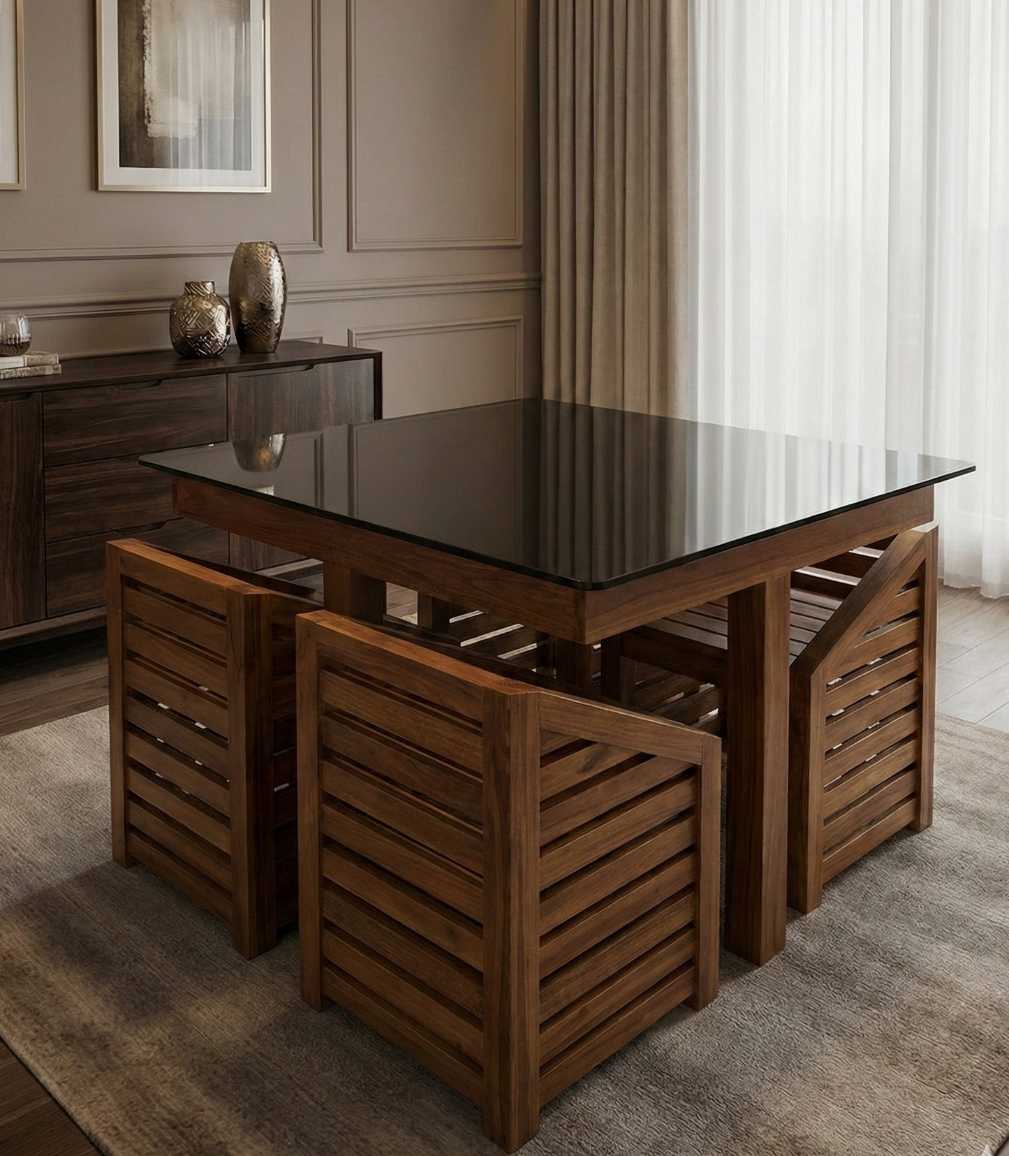 DINING TABLE KITCHEN 4 CHAIR WITH GLASS 1122