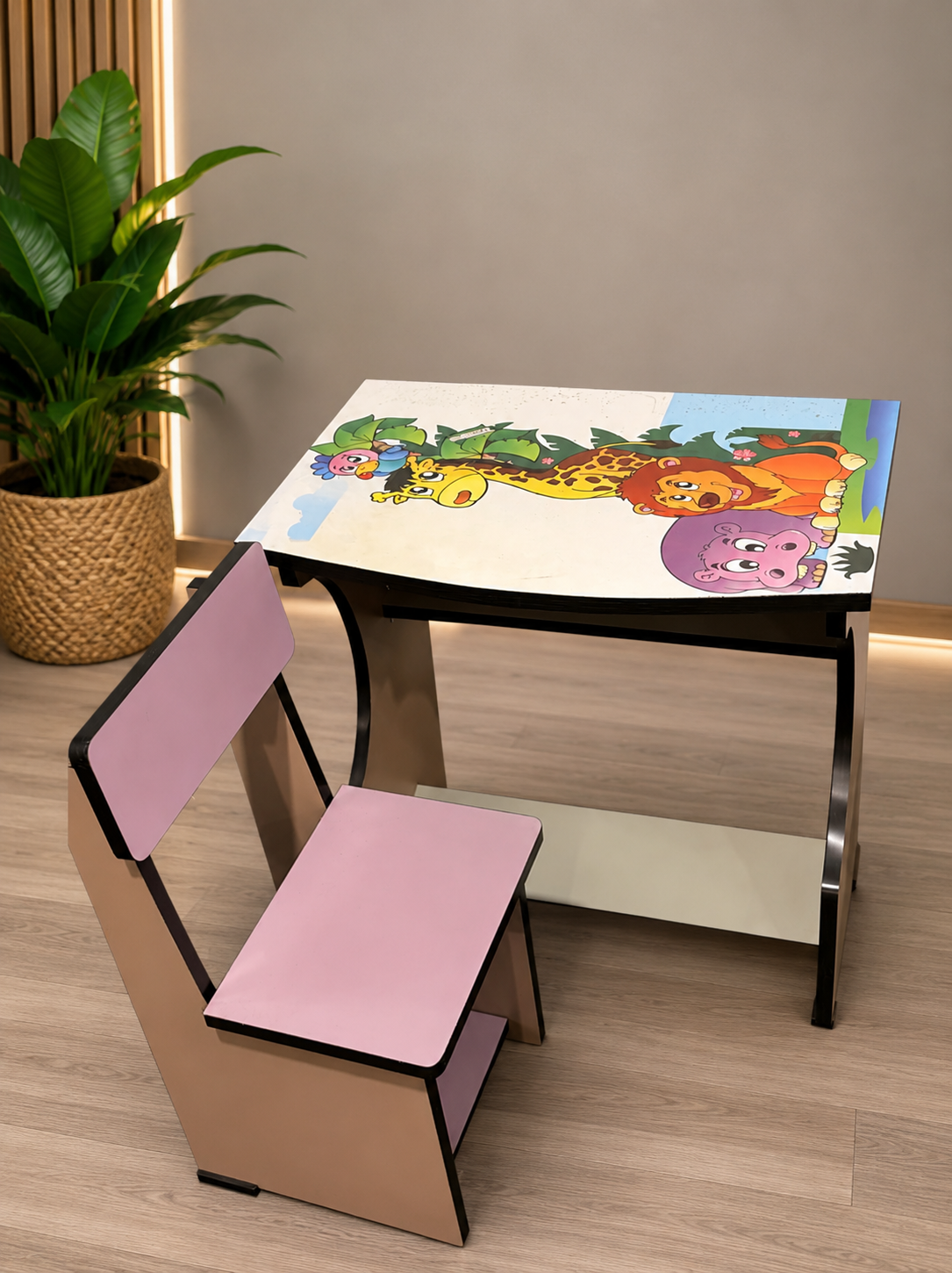 Jungle Safari Theme Wooden Kids Study Table and Chair Set (Soft Pink & Natural Wood)