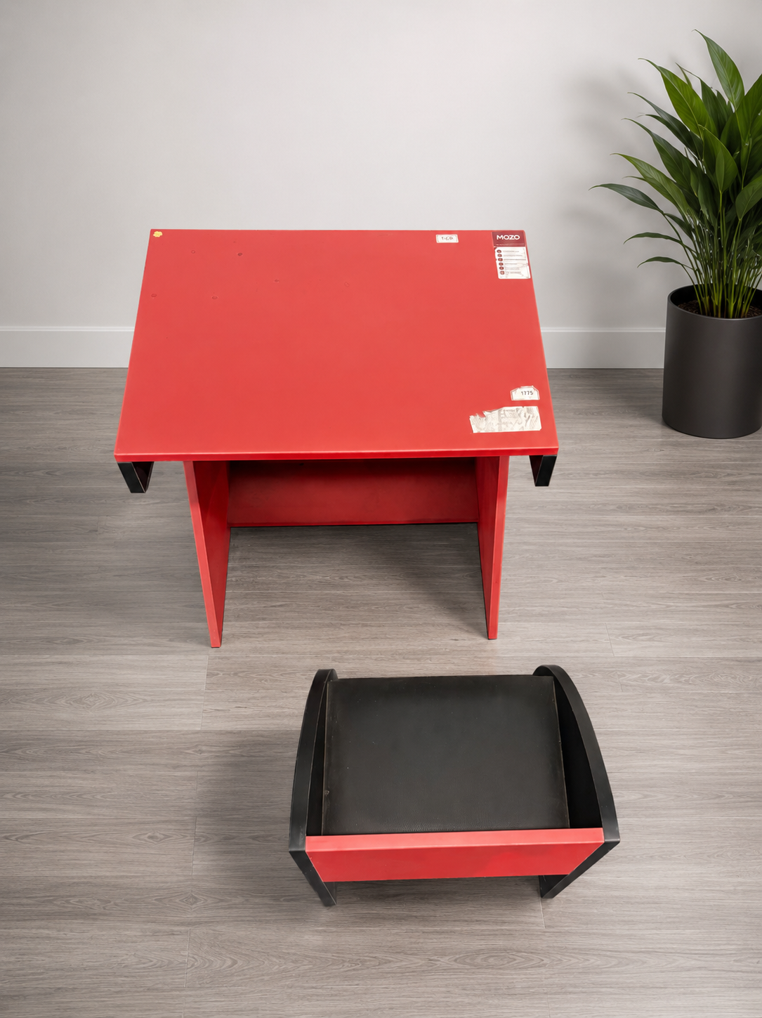 Modern Red & Black Wooden Study Table with Open Storage & Matching Chair | Office & Home Desk