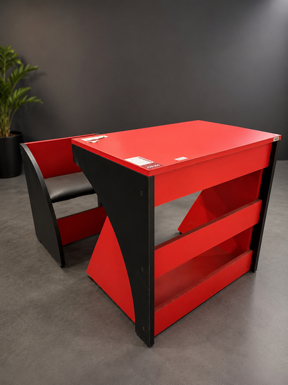 Modern Red & Black Wooden Study Table with Open Storage & Matching Chair | Office & Home Desk