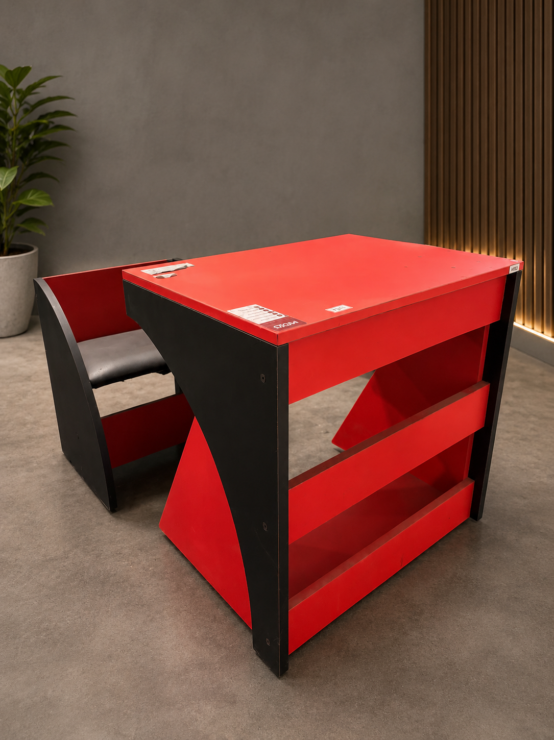 Modern Red & Black Wooden Study Table with Open Storage & Matching Chair | Office & Home Desk