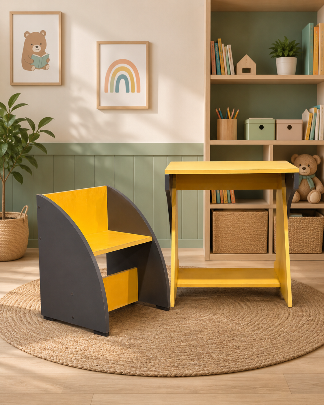 Kids Study Table & Chair Set – Wooden Learning Desk for Children | Yellow & Black