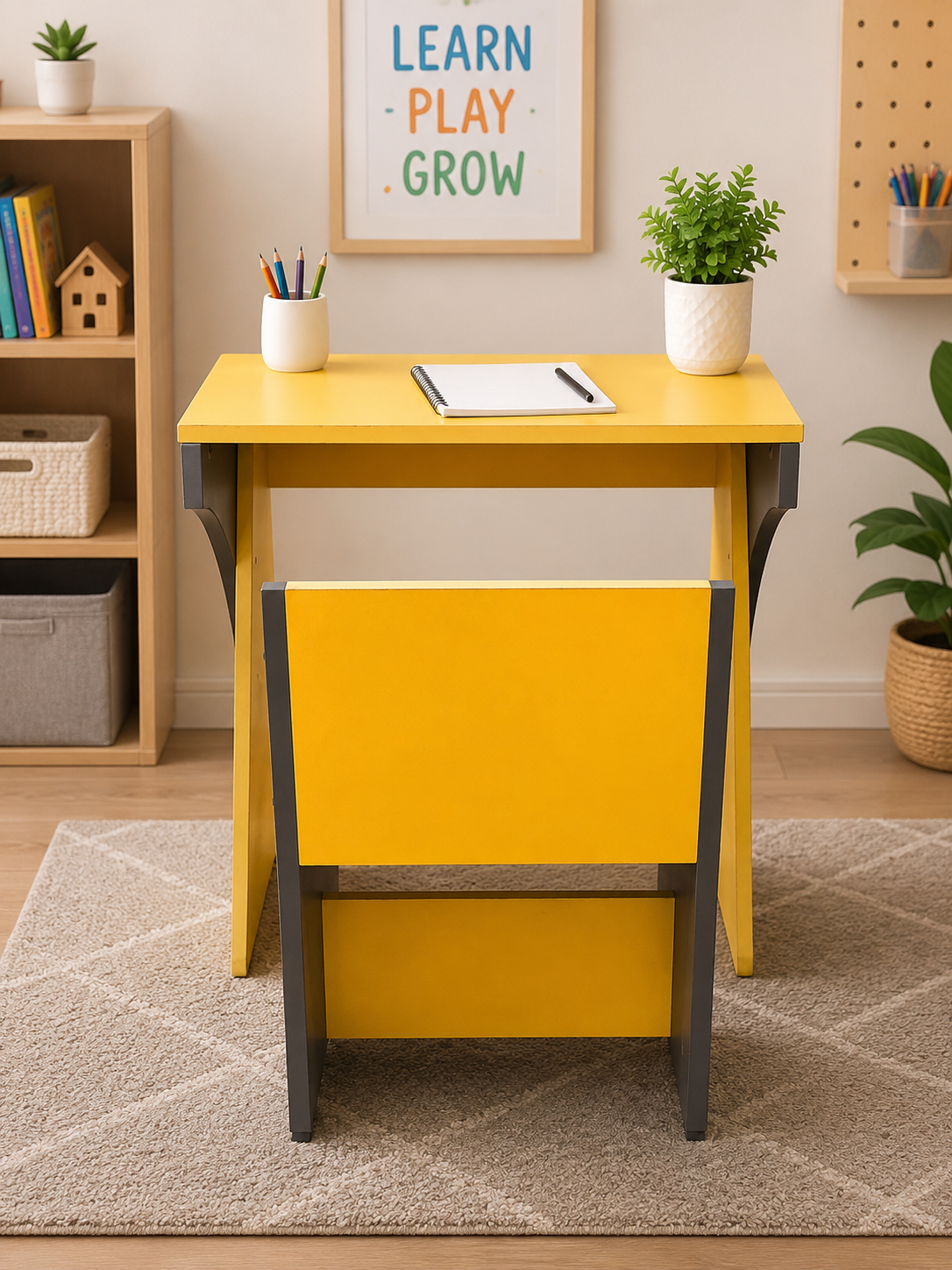 Kids Study Table & Chair Set – Wooden Learning Desk for Children | Yellow & Black