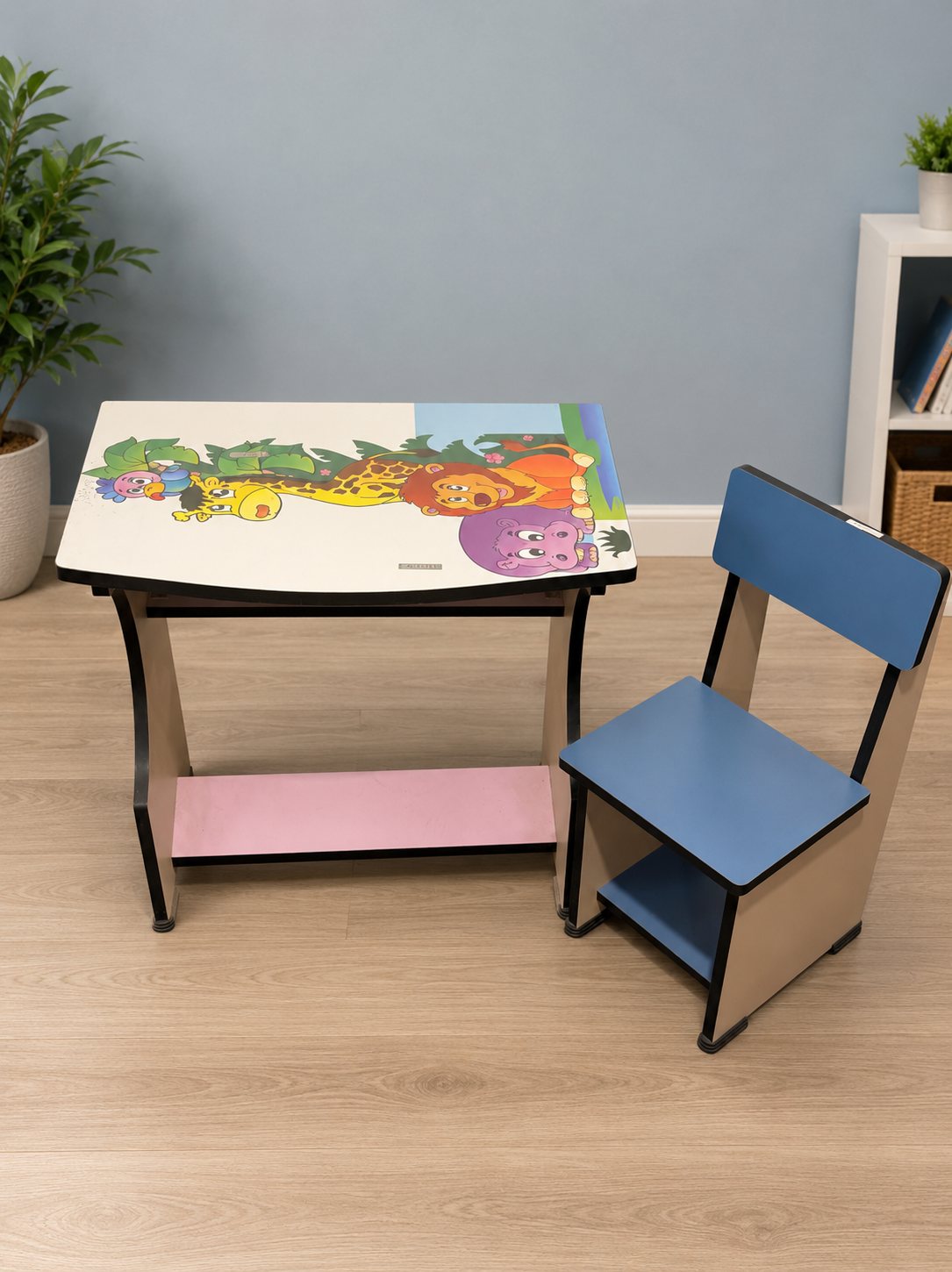 Kids Wooden Study Table & Chair Set with Cartoon Print | Durable Learning Desk for Children