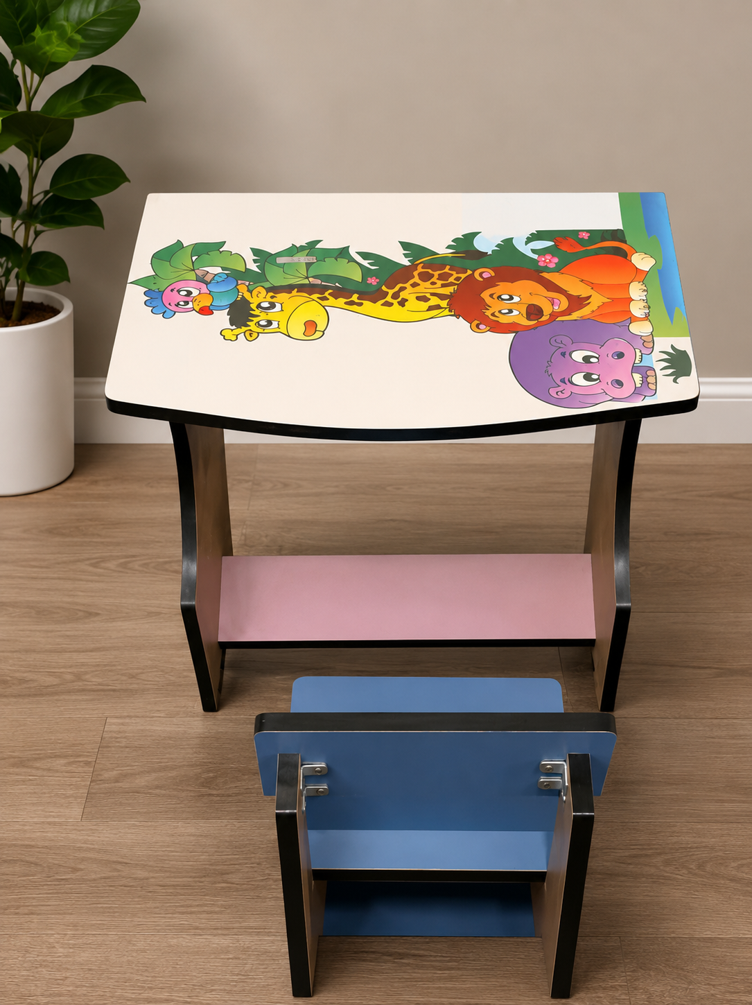 Kids Wooden Study Table & Chair Set with Cartoon Print | Durable Learning Desk for Children