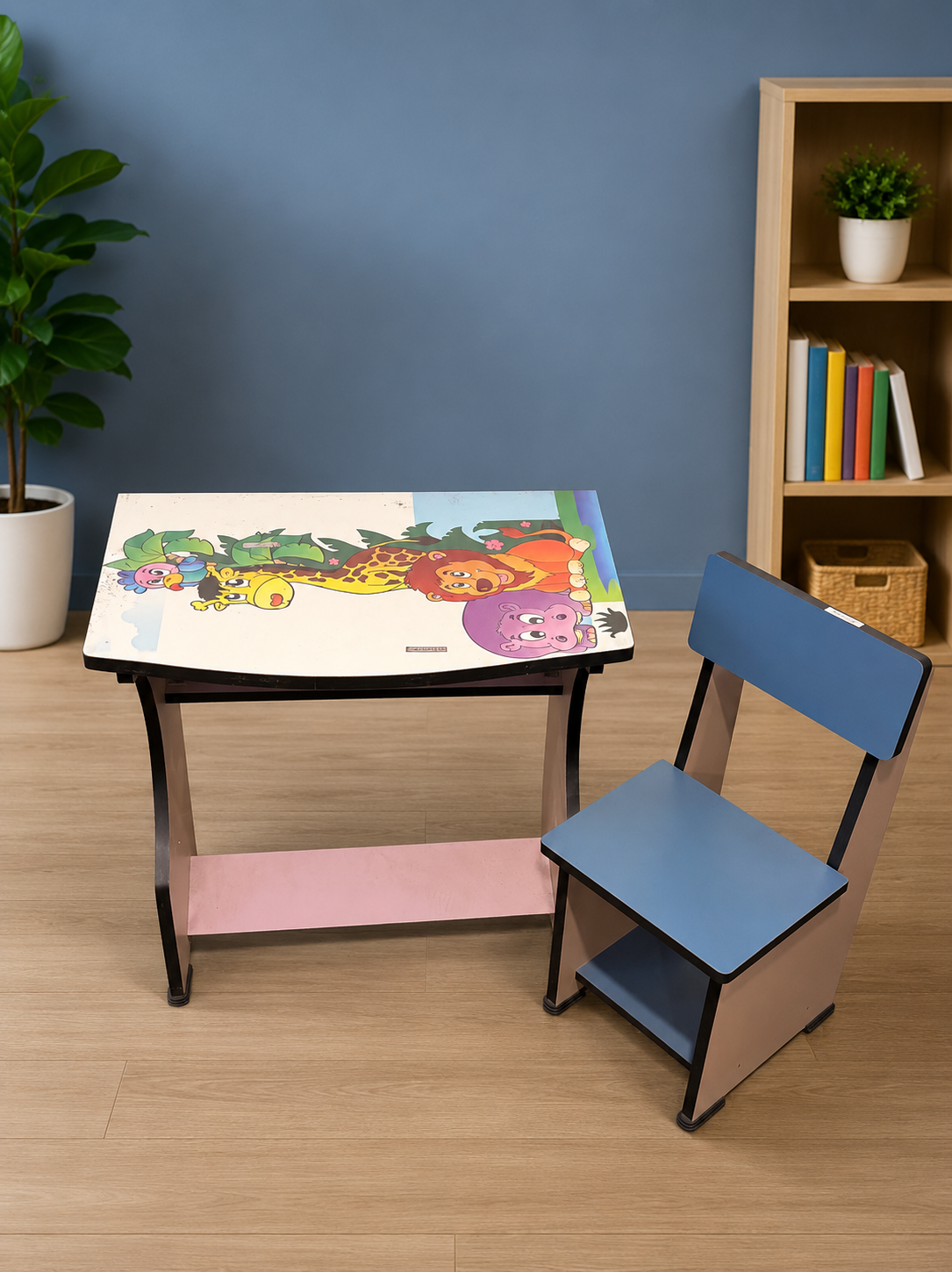 Kids Wooden Study Table & Chair Set with Cartoon Print | Durable Learning Desk for Children