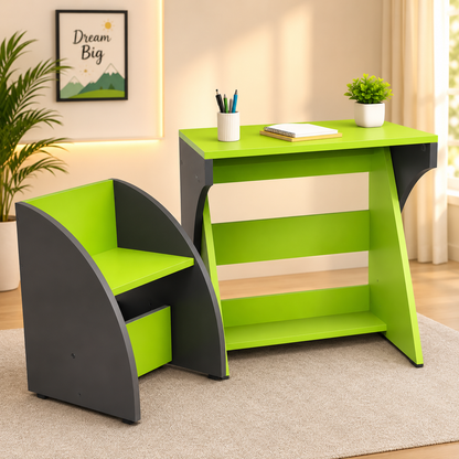 Kids Wooden Study Table & Chair Set | Modern Green Learning Desk for Children