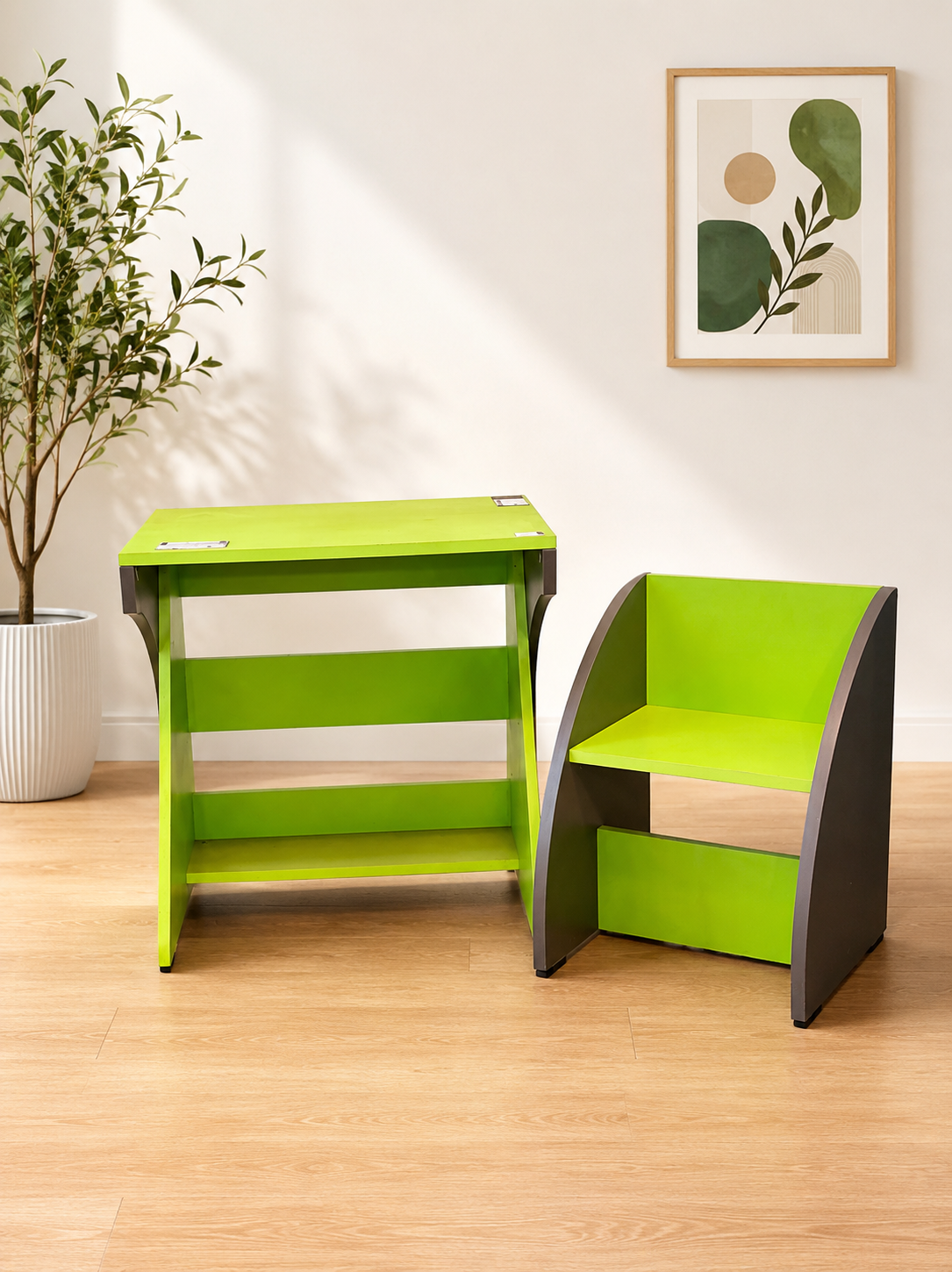Kids Wooden Study Table & Chair Set | Modern Green Learning Desk for Children