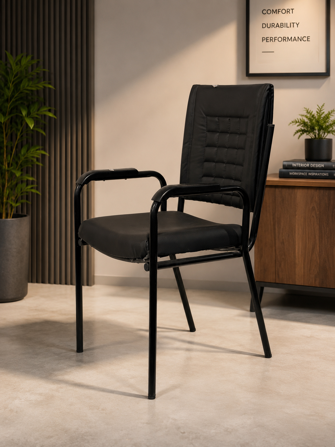 Black Cushioned Visitor Chair with Armrests